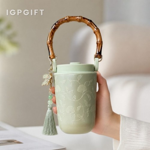 浮雕紋竹把手提保溫杯